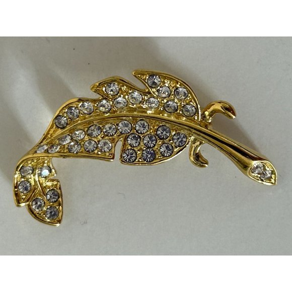 18K GP Feather Brooch Pin w/ Crystals 1.5” - Picture 2 of 5
